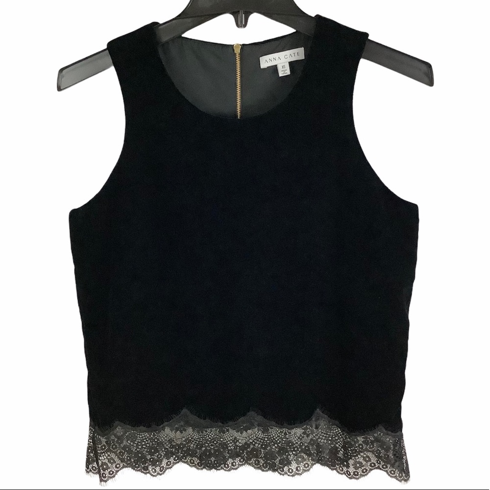 ANNA CATE Black Crushed Velvet Lace Hem Tank SZ-XS - Picture 1 of 6